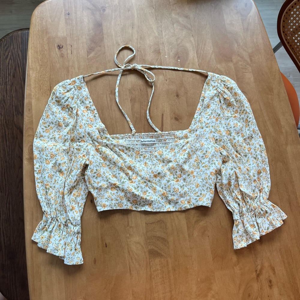 Reformation Floral Puff Sleeve Crop Top in Lima